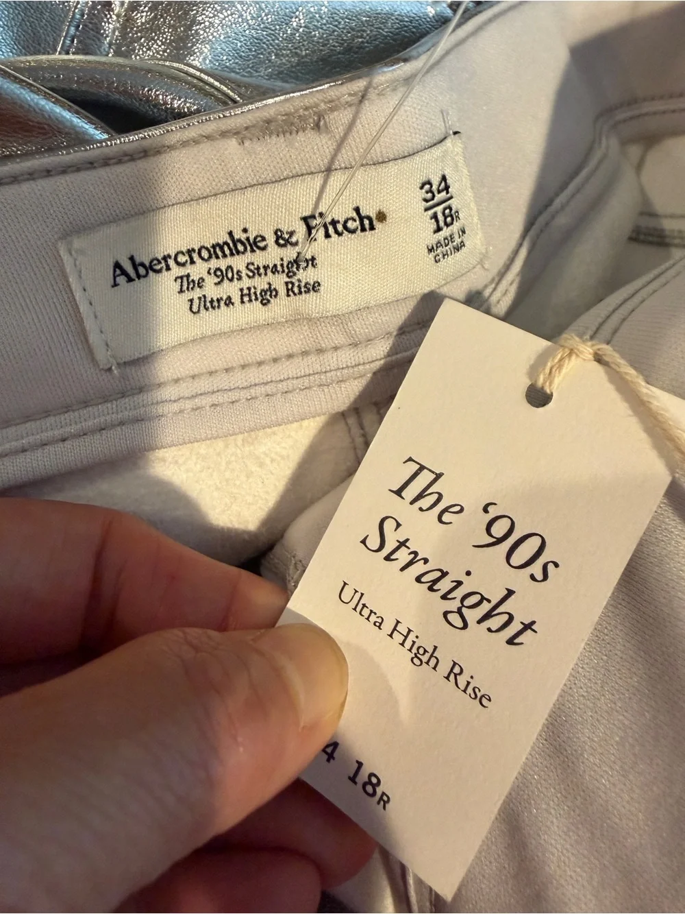 Abercrombie & Fitch Silver Metallic The 90s Straight Leg Ultra High Rise Disco